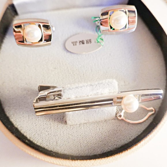 Magnifiques Boutons De Manchette Vintage Japonais En Argent Sterling Avec Perles Mitsukoshi – Style Moderniste